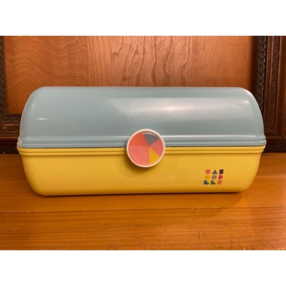 Vintage Caboodles Makeup Organizer Case Blue Yellow Two Tone Mirror 90s Retro